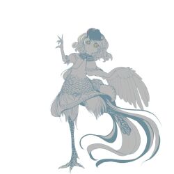 Rule 34 | 1girl, bird legs, bird tail, bird wings, claws, closed mouth, dress, feathered wings, fingernails, from51572962, long fingernails, looking at viewer, multicolored hair, niwatari kutaka, ringed eyes, sharp fingernails, short hair, simple background, solo, spot color, standing, standing on one leg, tail, touhou, two-tone hair, white background, wings, yellow eyes