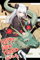 Rule 34 | 1girl, 2024, absurdres, black kimono, blue eyes, chinese zodiac, commentary request, dragon, dragon horns, dragon riding, eastern dragon, english text, floral print, geta, hand on animal, happy new year, highres, horns, japanese clothes, kimono, long hair, looking at viewer, nengajou, new year, original, shiratakiseaice, smile, socks, solo, v, white hair, white socks, year of the dragon