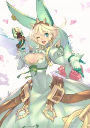 Rule 34 | 1girl, ;d, alternate color, alternate hair color, ascot, belt, blonde hair, blue eyes, blush, bouquet, breasts, buckle, chain, cleavage, clover, dress, earrings, elphelt valentine, eyebrows, flower, four-leaf clover, gloves, guilty gear, guilty gear xrd, gun, hair between eyes, hairband, hand up, hat, highres, holding, holding gun, holding weapon, jewelry, large breasts, long sleeves, one eye closed, open mouth, outstretched arm, palms, petals, puffy sleeves, reaching, red flower, red rose, ring, rose, short hair, smile, solo, spikes, takamine nadare, trigger discipline, veil, weapon, white background