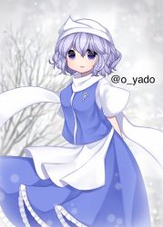 Rule 34 | 1girl, apron, arms behind back, bad id, bad twitter id, bare tree, blue eyes, blue skirt, blurry, blurry background, hair between eyes, hat, highres, jewelry, letty whiterock, light blush, light smile, looking at viewer, outdoors, parted lips, puffy sleeves, scarf, short hair, skirt, snow, snowing, solo, touhou, tree, twitter username, vest, white scarf, yadoyuki