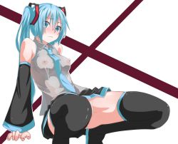 Rule 34 | 1girl, aqua eyes, aqua hair, arm support, blush, breasts, detached sleeves, embarrassed, hatsune miku, highres, jack dempa, looking at viewer, looking down, necktie, nipples, no panties, pussy juice, see-through, solo, squatting, thighhighs, vocaloid