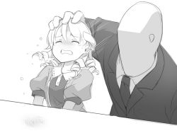 Rule 34 | 1boy, 1girl, abuse, bad id, bad twitter id, business suit, clenched teeth, closed eyes, collared dress, commentary request, dress, drill hair, formal, greyscale, hand on another&#039;s head, height difference, idolmaster, idolmaster cinderella girls, jacket, medium hair, monochrome, morikubo nono, necktie, p-head producer, pain, producer (idolmaster), puffy short sleeves, puffy sleeves, scrape, shirt, short sleeves, simple background, suit, tears, teeth, uccow, violence