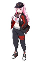 Rule 34 | 1girl, absurdres, baseball cap, blouse, blush, breasts, cleavage, closed mouth, felutiahime, full body, hands in pockets, hat, highres, hololive, hololive english, jacket, large breasts, long hair, looking at viewer, mori calliope, mori calliope (streetwear), pink eyes, pink hair, see-through, shirt, shoes, simple background, smile, sneakers, solo, track jacket, track suit, virtual youtuber, white background, white shirt