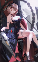 Rule 34 | 1girl, armlet, azur lane, bare shoulders, black dress, black footwear, black nails, breasts, brown eyes, brown hair, cleavage, closed mouth, cross, dress, earrings, hair ornament, highres, iron cross, jewelry, large breasts, lipstick, looking at viewer, makeup, multicolored hair, nail polish, official alternate costume, red hair, roon (azur lane), roon (dark red grin) (azur lane), sansan (dongfangzhong111), short hair, sitting, sleeveless, sleeveless dress, smile, solo, streaked hair, thighlet, throne, two-tone hair, weapon