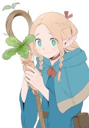 Rule 34 | 1girl, ambrosia (dungeon meshi), belt, belt pouch, blonde hair, blue robe, braid, braided ponytail, brown belt, choker, dungeon meshi, elf, frs2, green eyes, highres, holding, holding staff, hood, hood down, light blush, long sleeves, mandrake, marcille donato, parted bangs, pointy ears, pouch, red choker, red ribbon, ribbon, robe, side braids, sprout, staff, tearing up, white background