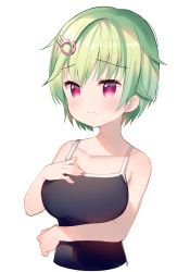 Rule 34 | 1girl, bare arms, bare shoulders, black one-piece swimsuit, breasts, closed mouth, collarbone, copyright request, cropped torso, green hair, hair ornament, hand up, highres, looking away, medium breasts, meito (maze), one-piece swimsuit, red eyes, school swimsuit, simple background, solo, swimsuit, upper body, wavy mouth, white background