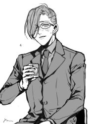Rule 34 | 1boy, blush, chair, collared shirt, cup, drink, fate/grand order, fate (series), flying sweatdrops, formal, glasses, greyscale, hair over one eye, hair pulled back, holding, holding cup, ice, ice cube, jacket, lapels, looking at viewer, male focus, monochrome, necktie, nervlish, notched lapels, official alternate costume, parted lips, shirt, short hair, simple background, sitting, smile, solo, suit, suit jacket, upper body, white background, yamanami keisuke (fate)