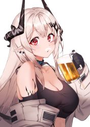 Rule 34 | 1girl, alcohol, arknights, bare shoulders, beer, beer mug, black gloves, blush, breasts, cleavage, commentary request, crop top, cup, ear piercing, foam mustache, gloves, hand up, highres, holding, holding cup, horns, ichibi, infection monitor (arknights), long hair, long sleeves, looking at viewer, material growth, medium breasts, mudrock (arknights), mudrock (elite ii) (arknights), mug, oripathy lesion (arknights), parted lips, piercing, pointy ears, red eyes, simple background, solo, sports bra, upper body, white background, white hair