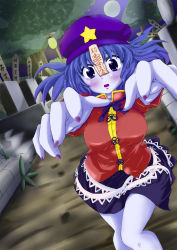 Rule 34 | 1girl, blue eyes, blue hair, blush stickers, breasts, dutch angle, female focus, fingernails, full moon, grass, hat, high collar, highres, jiangshi, lantern, looking at viewer, matching hair/eyes, miyako yoshika, moon, ofuda, open mouth, outstretched arms, path, pole, pov, ribbon, road, short hair, sikino, skirt, sky, solo, stairs, star (symbol), tombstone, touhou, tree, vest, zombie pose