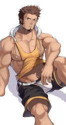 Rule 34 | 1boy, abs, absurdres, alternate costume, bara, bare pectorals, bare shoulders, black shorts, blue eyes, brown hair, bulge, casual, collarbone, cropped hoodie, cross scar, crotchless shorts, facial hair, fate/grand order, fate (series), goatee, head tilt, highres, hood, hoodie, jockstrap, knee up, large pectorals, long sideburns, looking at viewer, male focus, male underwear, midriff, muscular, muscular male, napoleon bonaparte (fate), navel, nipple piercing, nipples, orange hoodie, orange tank top, pectorals, piercing, revealing clothes, scar, scar on chest, short hair, shorts, sideburns, socks, solo, stomach, tank top, tekkowang, underwear, white male underwear, white socks