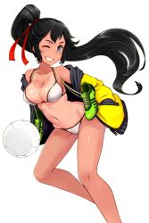 Rule 34 | 1girl, artist request, ball, bare legs, bikini, black hair, blue eyes, breasts, cleavage, female focus, grin, hair ribbon, hands in pockets, high ponytail, jacket, jpeg artifacts, large breasts, navel, non-web source, official art, one-piece tan, one eye closed, ponytail, ribbon, shiny skin, shoes, unworn shoes, simple background, smile, sneakers, soccer ball, soccer spirits, solo, string bikini, sue (soccer spirits), sweat, swimsuit, tan, tanline, transparent background, white background, white bikini
