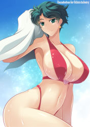 Rule 34 | 1girl, armpits, aya kobayashi, bad anatomy, bare shoulders, bikini, breasts, cleavage, closed mouth, collarbone, cowboy shot, curvy, drying, drying hair, earrings, female focus, gradient background, green eyes, green hair, haganef, hand up, heart, huge breasts, jewelry, large breasts, looking at viewer, matching hair/eyes, navel, one-piece swimsuit, outdoors, red bikini, red one-piece swimsuit, shiny skin, short hair, slingshot swimsuit, smile, solo, splashing, standing, stomach, summer, super robot wars, swimsuit, thighs, towel, water, water drop, wet