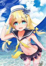 Rule 34 | 1girl, :d, absurdres, anchor hair ornament, bikini, bikini skirt, blonde hair, bracelet, breasts, cloud, curved horizon, day, frilled bikini, frills, hair between eyes, hair ornament, hat, highres, jewelry, lens flare, looking at viewer, low twintails, midriff, miniskirt, multicolored hair, navel, neckerchief, ontake2009, open mouth, outdoors, sailor bikini, sailor collar, shading eyes, shinengumi, skirt, sky, small breasts, smile, solo, streaked hair, suzukaze shitora, swimsuit, twintails, virtual youtuber, wading, yellow neckerchief