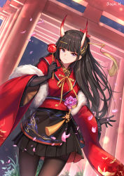 Rule 34 | 1girl, absurdres, azur lane, baek hyang, black gloves, black hair, black skirt, breasts, brown pantyhose, candy apple, cherry blossoms, commentary, cowboy shot, feather boa, flower, food, gloves, hair ornament, hairclip, hairpin, highres, holding, horns, japanese clothes, long hair, long sleeves, looking at viewer, medium breasts, miniskirt, nontraditional miko, noshiro (azur lane), noshiro (uncharted festival grounds?) (azur lane), oni horns, pantyhose, petals, pink flower, pleated skirt, purple eyes, red shirt, ribbon, rose, shirt, skirt, smile, solo, tassel, torii, wide sleeves