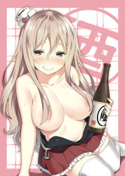Rule 34 | 10s, 1girl, alcohol, anchor, blonde hair, blush, breasts, censored nipples, collarbone, drunk, grey eyes, hair between eyes, hair censor, hair over breasts, hat, highres, jpeg artifacts, kantai collection, large breasts, licking lips, long hair, looking at viewer, mini hat, naughty face, navel, pola (kancolle), red skirt, sidelocks, sitting, skirt, sky-freedom, solo, sweat, tareme, thighhighs, tongue, tongue out, topless, white thighhighs