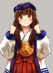 Rule 34 | 1girl, amayadori machi, blush, brown eyes, brown hair, closed mouth, grey background, hakama, hakama skirt, headband, japanese clothes, kumamiko, long hair, long sleeves, looking at viewer, low twintails, miko, noccu, red hakama, simple background, skirt, smile, solo, twintails, upper body