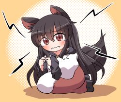 Rule 34 | 1girl, animal ears, black hair, blush, closed mouth, dress, fangs, frilled sleeves, frills, hair between eyes, imaizumi kagerou, long hair, long sleeves, red dress, red eyes, rokugou daisuke, solo, tail, touhou, white dress, wide sleeves, wolf ears, wolf tail