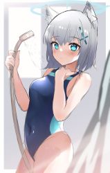 Rule 34 | 1girl, animal ear fluff, animal ears, bare arms, bare shoulders, blue archive, blue eyes, blue one-piece swimsuit, blurry, blurry background, blush, breasts, closed mouth, commentary request, competition swimsuit, covered navel, depth of field, grey hair, hair between eyes, hair ornament, halo, hands up, highres, holding, looking at viewer, nohohon neko, one-piece swimsuit, shiroko (blue archive), shiroko (swimsuit) (blue archive), shower head, small breasts, solo, swimsuit