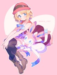 Rule 34 | 1girl, absurdres, bare arms, blonde hair, blue eyes, blue ribbon, blush, boots, brown footwear, closed mouth, commentary request, creatures (company), eyelashes, game freak, gen 6 pokemon, hat, highres, neck ribbon, nintendo, outline, own hands together, paru rari, pink headwear, pokemon, pokemon (anime), pokemon (creature), pokemon xy (anime), ribbon, serena (pokemon), short hair, sleeveless, smile, sylveon, thighhighs, twitter username, watermark