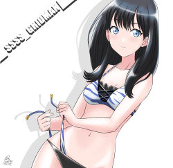 Rule 34 | 1girl, absurdres, bikini, black hair, blue eyes, breasts, cleavage, closed mouth, collarbone, copyright name, dated, dutch angle, gridman universe, highres, long hair, looking at viewer, multi-strapped bikini, navel, signature, simple background, small breasts, solo, ssss.gridman, standing, straight hair, swimsuit, takarada rikka, takaya n, tying, white background