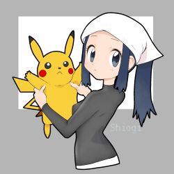 Rule 34 | 1girl, akari (pokemon), artist name, black hair, blush, breasts, closed mouth, commentary, creatures (company), eyelashes, game freak, gen 1 pokemon, grey eyes, grey shirt, hands up, head scarf, highres, long sleeves, looking at viewer, medium breasts, nintendo, pikachu, pokemon, pokemon (creature), pokemon legends: arceus, ponytail, shiogi (riza 49), shirt, sidelocks, symbol-only commentary, white headwear