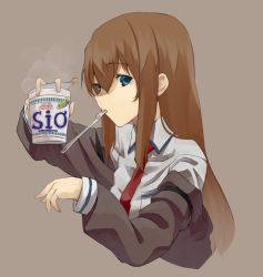 Rule 34 | 1girl, bad id, bad pixiv id, blue eyes, brown hair, food, fork, jacket, long hair, makise kurisu, mouth hold, necktie, nissin cup noodle, noodles, ramen, red necktie, solo, steam, steins;gate, tef