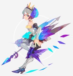 Rule 34 | 1girl, amakusa (hidorozoa), bare shoulders, boots, bracer, breasts, closed mouth, crown, from side, full body, grey background, grey hair, gwendolyn (odin sphere), hairband, head wings, high heel boots, high heels, holding, holding weapon, knee pads, leg wings, looking at viewer, low wings, medium breasts, odin sphere, polearm, purple eyes, short hair, simple background, solo, spear, standing, standing on one leg, weapon, wings