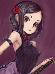 Rule 34 | 1girl, armband, armpits, bare shoulders, black hair, blue eyes, breasts, flower, hair flower, hair ornament, highres, katana, looking at viewer, miki nezumi, nipples, open mouth, princess principal, small breasts, solo, standing, sword, toudou chise, weapon
