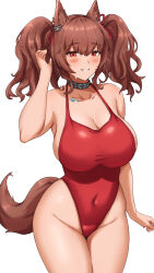 Rule 34 | 1girl, angelina (arknights), angelina (summer flower) (arknights), animal ears, arknights, bare shoulders, black choker, blush, breasts, brown eyes, brown hair, choker, commentary, covered navel, cowboy shot, curvy, fangs (fangs art), fox ears, fox tail, grin, groin, highleg, highleg swimsuit, highres, infection monitor (arknights), large breasts, looking at viewer, medium hair, official alternate costume, one-piece swimsuit, red one-piece swimsuit, shiny skin, simple background, smile, solo, standing, swimsuit, tail, thighs, twintails, white background, wide hips