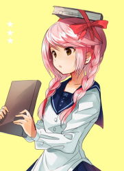 Rule 34 | ..., 1girl, :o, bad id, bad pixiv id, book, book on head, braid, brown eyes, brown hair, collarbone, hair over shoulder, hayama eishi, holding, holding book, long hair, object on head, original, pink hair, ribbon, school uniform, simple background, solo, twin braids, yellow background