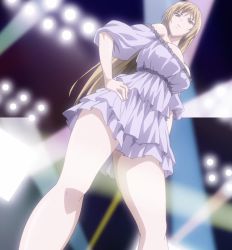 Rule 34 | 10s, 1girl, blonde hair, breasts, dress, from below, hand on own hip, ichinose riko, large breasts, legs, long hair, looking down, looking to the side, mole, off-shoulder dress, off shoulder, ran sem, screencap, short dress, solo, stage lights, stitched, third-party edit
