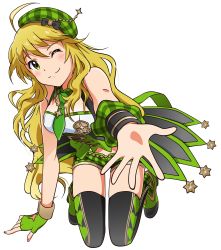 Rule 34 | 1girl, ;), absurdres, ahoge, akizuki ritchan, arm support, asymmetrical gloves, black thighhighs, blonde hair, breasts, choker, full body, gloves, green eyes, green gloves, green hat, green necktie, hair between eyes, hat, highres, hoshii miki, idolmaster, idolmaster (classic), kneeling, long hair, medium breasts, necktie, one eye closed, short shorts, shorts, sleeveless, smile, solo, striped clothes, striped shorts, thighhighs, transparent background, uneven gloves, very long hair, wrist cuffs