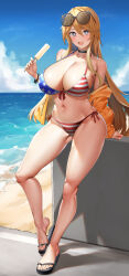Rule 34 | 1girl, :d, absurdres, american flag, american flag bikini, american flag print, beach, bikini, blonde hair, blue eyes, breasts, commentary request, eyewear on head, flag print, food, front-tie bikini top, front-tie top, hair between eyes, highres, holding, holding food, holding ice cream, huge breasts, ice cream, iowa (kancolle), jacket, kantai collection, long hair, looking at viewer, mokuren (mozukukirai88), ocean, off shoulder, open mouth, outdoors, print bikini, sandals, smile, solo, sparkling eyes, star (symbol), sunglasses, swimsuit, symbol-shaped pupils, very long hair, yellow jacket