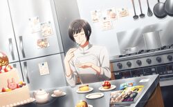 Rule 34 | 1boy, black hair, breasts, cake, closed eyes, cup, fingernails, food, fruit, highres, idolmaster, idolmaster side-m, idolmaster side-m live on stage!, kitchen, magazine (object), male focus, mole, mole on breast, official art, oven, plate, refrigerator, shinonome soichiro, smile, strawberry, teacup, third-party source