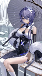 Rule 34 | 1girl, absurdres, arknights, asymmetrical legwear, bare shoulders, black dress, black gloves, blue eyes, blush, breasts, closed mouth, day, dress, eyepatch, feet out of frame, fur shawl, gloves, hair ornament, highres, holding, holding umbrella, kneehighs, large breasts, long hair, looking at viewer, official alternate costume, oil-paper umbrella, one eye covered, outdoors, pelvic curtain, purple hair, shawl, single kneehigh, single sock, single thighhigh, sitting, smile, snowing, socks, solo, syringe, teruru (teruru0321), thigh strap, thighhighs, umbrella, underbust, whisperain (arknights), whisperain (tremble cold) (arknights), white socks, winter, x hair ornament