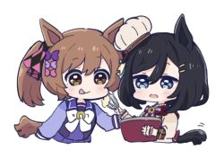 Rule 34 | 2girls, :p, animal ears, black hair, blue eyes, blush, bow, bowl, brown eyes, brown hair, brown shirt, chef hat, chibi, closed mouth, commentary, cropped torso, eishin flash (collect chocolatier) (umamusume), eishin flash (umamusume), food, hair between eyes, hair bow, hair ornament, hairclip, hat, holding, holding bowl, horse ears, horse girl, horse tail, long sleeves, mixing bowl, multiple girls, nozo (hitomiz), official alternate costume, open mouth, pink bow, pleated skirt, purple bow, purple shirt, purple skirt, school uniform, shirt, simple background, skirt, smart falcon (umamusume), smile, symbol-only commentary, tail, tilted headwear, tongue, tongue out, tracen school uniform, twintails, umamusume, upper body, whisk, white background, white bow, white headwear