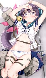 Rule 34 | 1girl, absurdres, ahoge, akebono (kancolle), armpits, arms up, bell, blue skirt, blush, bow, bow bra, bow panties, bra, breasts, cannon, closed mouth, collarbone, damaged, flower, groin, hair bell, hair between eyes, hair flower, hair ornament, hair ribbon, hamaken. (novelize), highres, jingle bell, kantai collection, long hair, lying, machinery, navel, no pants, on back, panties, pink ribbon, pleated skirt, purple eyes, purple hair, ribbon, rigging, sailor collar, school uniform, serafuku, shirt, short sleeves, side ponytail, sidelocks, skirt, small breasts, stomach, strap, sweat, thigh strap, thighs, torn clothes, torn shirt, torn skirt, torpedo launcher, turret, underwear, very long hair, white bra, white panties, white shirt