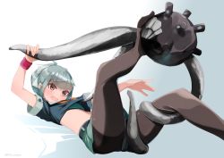 Rule 34 | 1girl, absurdres, belt, black pantyhose, blush, clothes lift, enemy naval mine (kancolle), green hair, green skirt, highres, kantai collection, looking at another, open mouth, outstretched hand, pantyhose, pulling another&#039;s clothes, skirt, struggling, tank top, tentacles, tentacles under clothes, underwear, upskirt, uut, yuubari (kancolle)