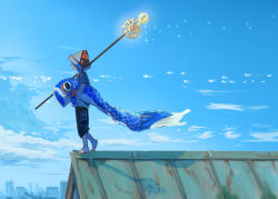 Rule 34 | 1boy, barefoot, blue sky, city, cityscape, cloud, commentary request, day, holding, koinobori, original, pants, paper hat, rooftop, santo moco, scenery, shirt, sky, solo, staff, windsock