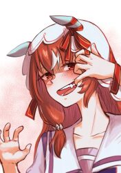 Rule 34 | 1girl, absurdres, animal ears, blush, brown hair, claw pose, collarbone, commentary request, hair between eyes, hair ornament, highres, horse ears, horse girl, looking at viewer, matsuba mattsu, mouth pull, open mouth, portrait, red eyes, school uniform, solo, still in love (umamusume), teeth, tracen school uniform, umamusume, white background