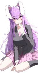 Rule 34 | 1girl, absurdres, alternate eye color, anima miko, animal ears, blush, breasts, buttons, closed mouth, collared shirt, commentary request, grey jacket, grey socks, hair between eyes, hand up, highres, jacket, large breasts, long hair, long sleeves, looking at viewer, necktie, no shoes, pink eyes, pink necktie, pink skirt, purple hair, rabbit ears, reisen udongein inaba, seiza, shirt, sidelocks, simple background, sitting, skirt, socks, solo, touhou, white background, white shirt