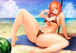 Rule 34 | 1girl, ahoge, arm support, barefoot, beach, bikini, bottle, breasts, cameltoe, cloud, day, elf, covered erect nipples, food, frilled bikini, frills, fruit, large breasts, legs, looking at viewer, micro bikini, navel, ocean, original, outdoors, pointy ears, red eyes, red hair, shadow, sitting, sky, smile, solo, spread legs, swimsuit, thick thighs, thighs, towel, underboob, water, watermelon, yaoya musuko