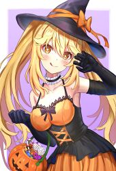 Rule 34 | 1girl, :p, absurdres, arched back, black corset, black hat, blonde hair, breasts, bright pupils, candy, choker, commentary request, corset, dress, elbow gloves, food, frilled choker, frills, gloves, halloween bucket, halloween costume, hand up, hat, highres, large breasts, long hair, looking at viewer, nonoa-cg, orange dress, shokuhou misaki, simple background, solo, sparkling eyes, star-shaped pupils, star (symbol), symbol-shaped pupils, toaru kagaku no mental out, toaru kagaku no railgun, toaru majutsu no index, tongue, tongue out, very long hair, white pupils, witch, witch hat, yellow eyes