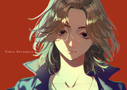Rule 34 | 1boy, absurdres, bangs pinned back, black eyes, blonde hair, closed mouth, collarbone, collared jacket, empty eyes, english text, expressionless, highres, jacket, light rays, looking at viewer, male focus, open clothes, open jacket, parted bangs, portrait, red background, sano manjirou, shichi (kotoneco0711), simple background, solo, tokyo revengers