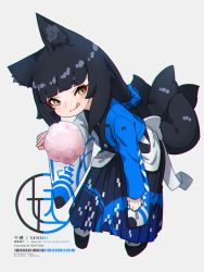 Rule 34 | 1girl, animal ear fluff, animal ears, black footwear, black hair, black hakama, blue kimono, blue scrunchie, blush, brown eyes, closed mouth, commentary request, cotton candy, food, fox ears, fox girl, fox tail, full body, grey background, hair ornament, hair scrunchie, hakama, hakama skirt, highres, holding, holding food, japanese clothes, kimono, kitsune, kuro kosyou, leaning forward, licking lips, long hair, long sleeves, looking at viewer, original, sandals, scrunchie, simple background, skirt, smile, solo, standing, tabi, tail, tongue, tongue out, very long hair, white kimono, white legwear, wide sleeves, zouri