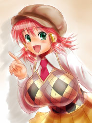 Rule 34 | 1girl, argyle, argyle clothes, argyle sweater vest, beret, breasts, green eyes, hair tubes, hat, highres, huge breasts, moriichi, open mouth, quiz magic academy, red hair, ruquia, short hair, solo, sweater vest