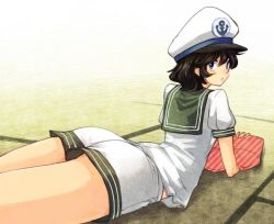Rule 34 | 1girl, ass, bad id, bad twitter id, black hair, blue eyes, cushion, female focus, from behind, hat, looking at viewer, looking back, lying, murasa minamitsu, on stomach, pants, puffy sleeves, sailor hat, shirt, short hair, short sleeves, shorts, simple background, solo, touhou, urin, vest