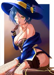 Rule 34 | 1girl, armandonnay, bare shoulders, blue hair, breasts, coat, finger to mouth, fishnets, gloves, hat, hayami kanade, high heels, highres, idolmaster, idolmaster cinderella girls, jewelry, large breasts, looking at viewer, necklace, one eye closed, short hair, simple background, sitting, star (symbol), star necklace, wink, witch hat, yellow eyes