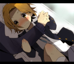 Rule 34 | 1girl, bad id, bad pixiv id, blush, brown eyes, brown hair, holding hands, highres, k-on!, letterboxed, lying, meno, on back, school uniform, shade, short hair, solo focus, tainaka ritsu