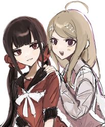 Rule 34 | 2girls, :d, ahoge, akamatsu kaede, backpack, bag, blonde hair, blush, bow, bowtie, collared shirt, danganronpa (series), danganronpa v3: killing harmony, etanoku, fortissimo, grey shirt, hair ornament, hand on another&#039;s shoulder, harukawa maki, highres, long hair, low twintails, multiple girls, musical note, musical note hair ornament, open mouth, parted lips, pink vest, red eyes, red scrunchie, red shirt, scrunchie, shirt, sketch, smile, teeth, twintails, upper teeth only, vest, white bow, white bowtie